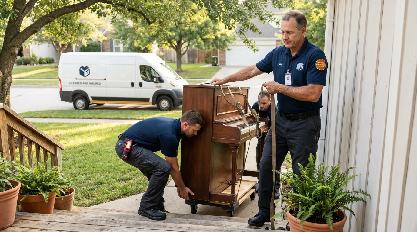 Licensed piano movers securing grand piano in Auburn, MA