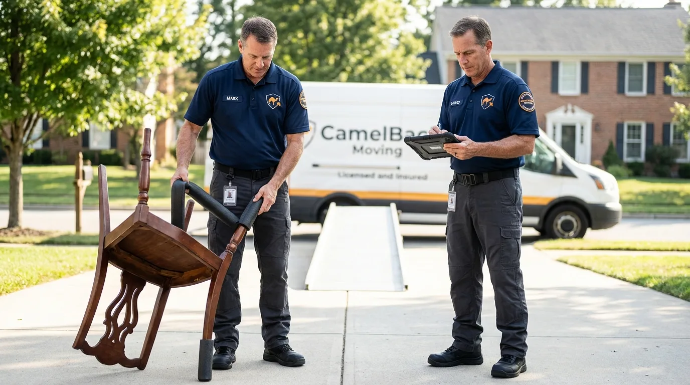 Movers inspecting furniture for damage prevention before loading in Auburn, MA