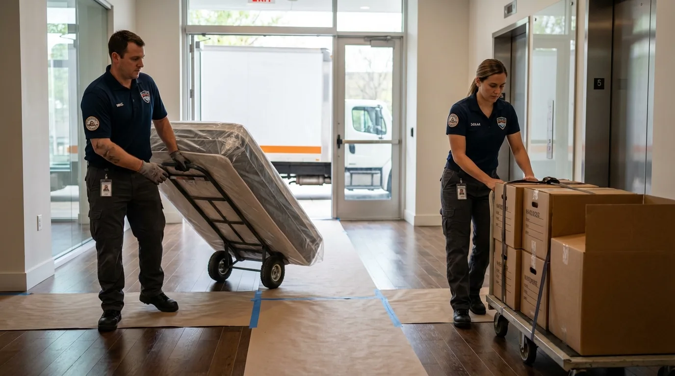 Professional apartment movers loading elevator in Auburn, MA