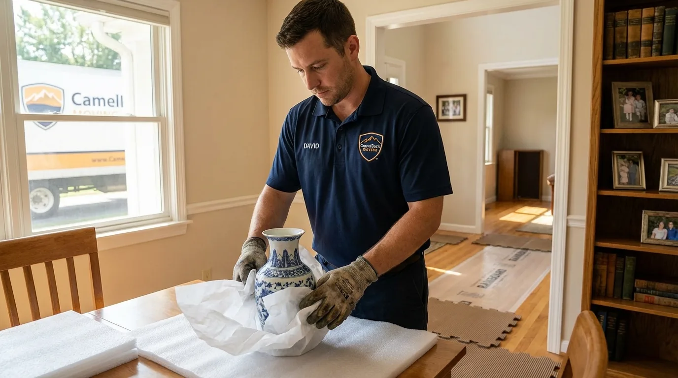 Professional crew carefully wrapping antique vase for senior downsizing move in Auburn, MA